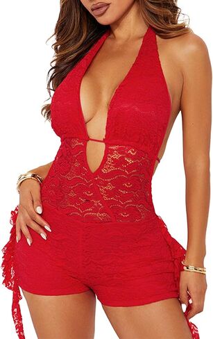Molilove Women's Sexy Lace Jumpsuit Halter V Neck Backless Bodycon Shorts Romper Summer One Piece Outfits Going Out Clubwear in Kuwait