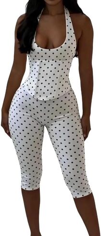 Women Sexy Jumpsuit Polka Dot Print Halter Neck Backless Back Cross Bodycon Rompers Outfits in Kuwait
