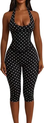 Women Sexy Jumpsuit Polka Dot Print Halter Neck Backless Back Cross Bodycon Rompers Outfits in Saudi Arabia