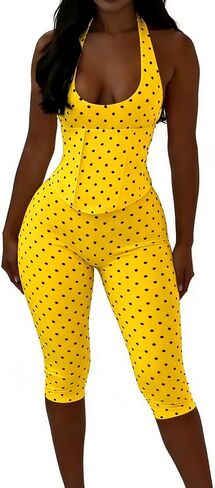Women Sexy Jumpsuit Polka Dot Print Halter Neck Backless Back Cross Bodycon Rompers Outfits in Saudi Arabia