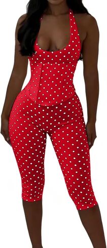 Women Sexy Jumpsuit Polka Dot Print Halter Neck Backless Back Cross Bodycon Rompers Outfits in Saudi Arabia