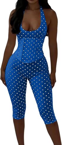 Women Sexy Jumpsuit Polka Dot Print Halter Neck Backless Back Cross Bodycon Rompers Outfits in Saudi Arabia