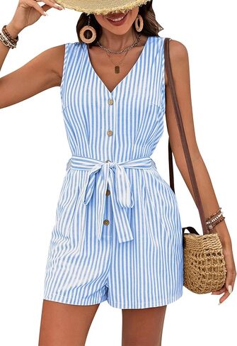 GUOLEZEEV Womens Romper V Neck Button Up Sleeveless Summer Rompers Striped Short Jumpsuits Beach Vacation Outfits in Saudi Arabia