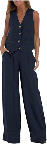 Women's 2 Piece Linen Sleeveless Button Front Vest and Wide Leg Pants Set, Perfect for Casual and Office Wear in Kuwait