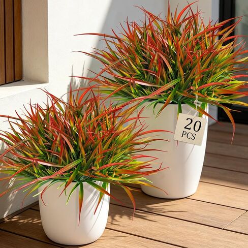 20 Pcs Artificial Plants Outdoor Fake Grass UV Resistant Faux Outdoor Plant, Artificial Greenery Stems Bushes Fake Plants for Spring Summer Fall Decor Fake Mums Fall Flowers Garden Home Decor, Red in Saudi Arabia