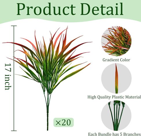 20 Pcs Artificial Plants Outdoor Fake Grass UV Resistant Faux Outdoor Plant, Artificial Greenery Stems Bushes Fake Plants for Spring Summer Fall Decor Fake Mums Fall Flowers Garden Home Decor, Red in Saudi Arabia