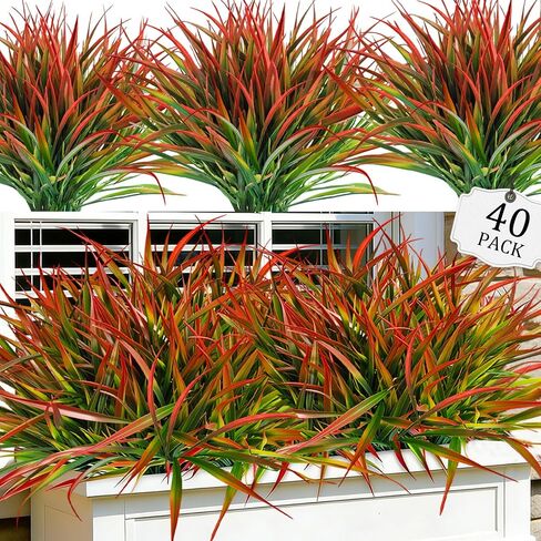 20 Pcs Artificial Plants Outdoor Fake Grass UV Resistant Faux Outdoor Plant, Artificial Greenery Stems Bushes Fake Plants for Spring Summer Fall Decor Fake Mums Fall Flowers Garden Home Decor, Red in Saudi Arabia