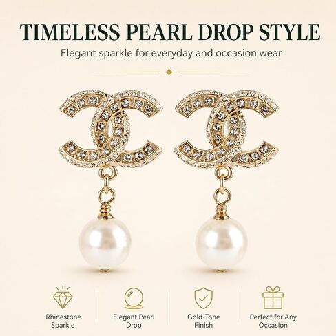 Gold Tone Crystal Pearl Drop Earrings Faux Pearl Pendant Jewelry for Women – Wedding Party Evening Wear in Kuwait