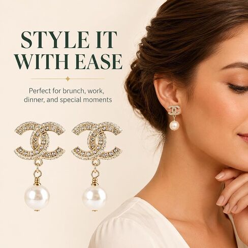 Gold Tone Crystal Pearl Drop Earrings Faux Pearl Pendant Jewelry for Women – Wedding Party Evening Wear in Kuwait
