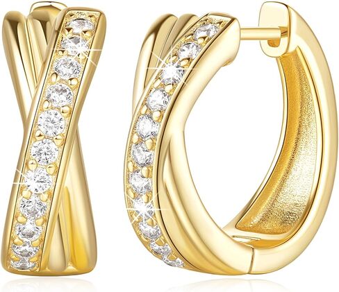 Gold Hoop Earrings 14K Gold Earrings for Women Thick Small Diamond 14K Gold Hoop Earrings for Women X-shaped Huggie Earrings 17mm in Saudi Arabia