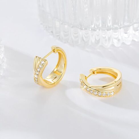 Gold Hoop Earrings 14K Gold Earrings for Women Thick Small Diamond 14K Gold Hoop Earrings for Women X-shaped Huggie Earrings 17mm in Saudi Arabia