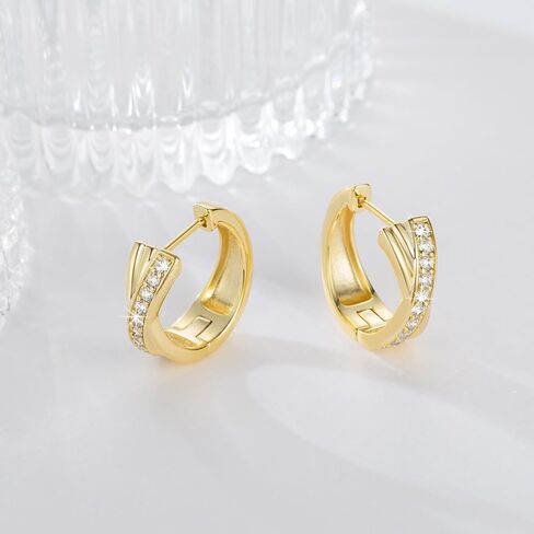Gold Hoop Earrings 14K Gold Earrings for Women Thick Small Diamond 14K Gold Hoop Earrings for Women X-shaped Huggie Earrings 17mm in Saudi Arabia