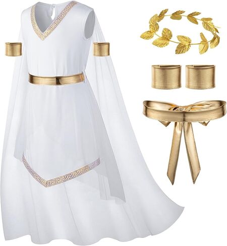 Girl's Toga Dress Greek God Outfit Roman Robe Cosplay Halloween Costume Accessories Set in Saudi Arabia
