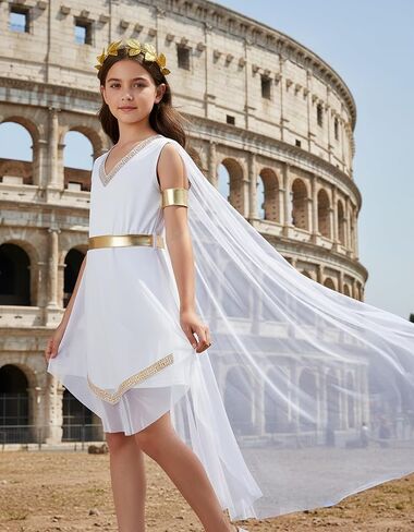 Girl's Toga Dress Greek God Outfit Roman Robe Cosplay Halloween Costume Accessories Set in Saudi Arabia
