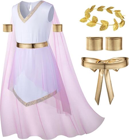 Girl's Toga Dress Greek God Outfit Roman Robe Cosplay Halloween Costume Accessories Set in Saudi Arabia