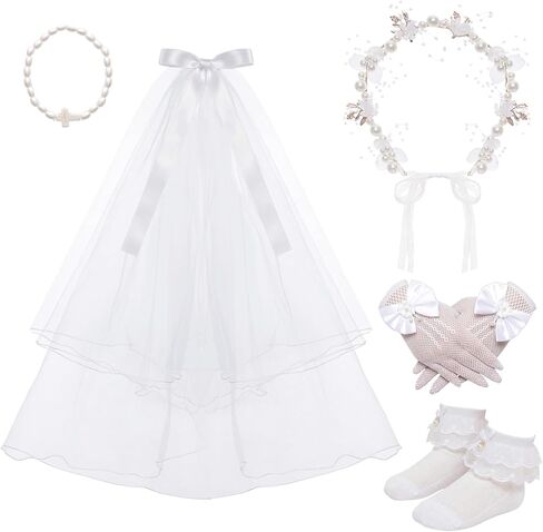 5 Pcs First Communion Veils Set 1st Communion Accessory Floral Wreath Faux Pearl Cross Bracelet White Bowknot Gloves Lace Trim Socks for Ceremony Wedding Party in Saudi Arabia
