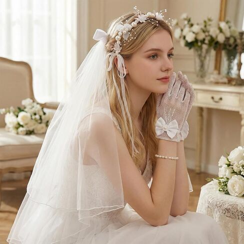 5 Pcs First Communion Veils Set 1st Communion Accessory Floral Wreath Faux Pearl Cross Bracelet White Bowknot Gloves Lace Trim Socks for Ceremony Wedding Party in Saudi Arabia
