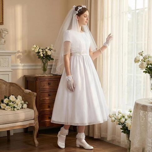 5 Pcs First Communion Veils Set 1st Communion Accessory Floral Wreath Faux Pearl Cross Bracelet White Bowknot Gloves Lace Trim Socks for Ceremony Wedding Party in Saudi Arabia