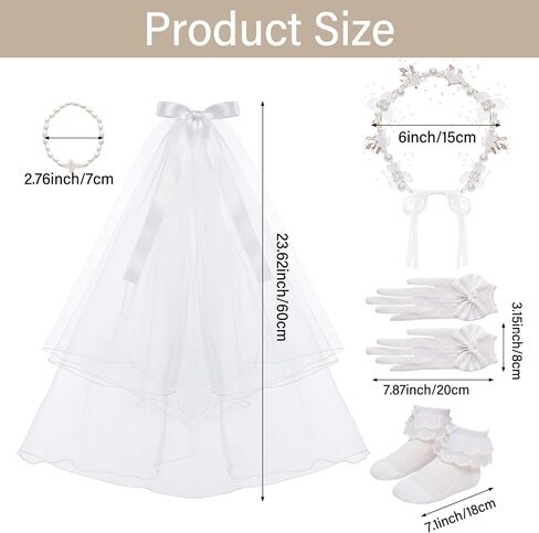 5 Pcs First Communion Veils Set 1st Communion Accessory Floral Wreath Faux Pearl Cross Bracelet White Bowknot Gloves Lace Trim Socks for Ceremony Wedding Party in Saudi Arabia