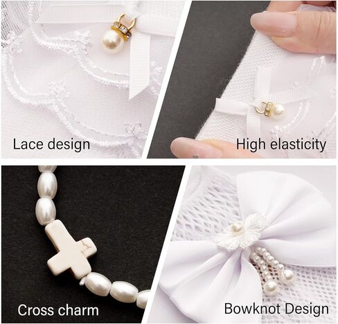 5 Pcs First Communion Veils Set 1st Communion Accessory Floral Wreath Faux Pearl Cross Bracelet White Bowknot Gloves Lace Trim Socks for Ceremony Wedding Party in Saudi Arabia