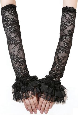 Women's Long Fingerless Lace Gloves Goth Lolita Sheer Mesh Ruffle Arm Sleeves for Opera Wedding Masquerade Dress in Saudi Arabia