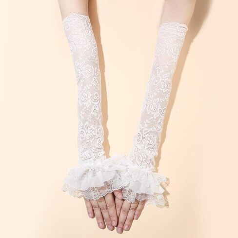 Women's Long Fingerless Lace Gloves Goth Lolita Sheer Mesh Ruffle Arm Sleeves for Opera Wedding Masquerade Dress in Saudi Arabia