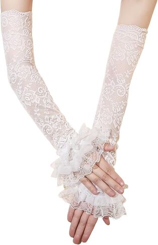 Women's Long Fingerless Lace Gloves Goth Lolita Sheer Mesh Ruffle Arm Sleeves for Opera Wedding Masquerade Dress in Saudi Arabia