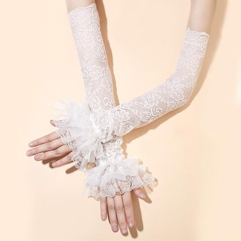 Women's Long Fingerless Lace Gloves Goth Lolita Sheer Mesh Ruffle Arm Sleeves for Opera Wedding Masquerade Dress in Saudi Arabia