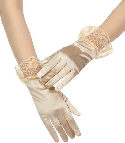 Women's Short Satin Wedding Gloves Lace Gloves with Ruffle for Tea Party Banquet 1920s Flapper Costume in Saudi Arabia