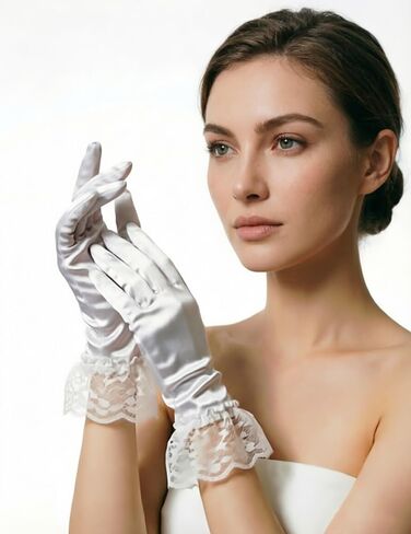 Women's Short Satin Wedding Gloves Lace Gloves with Ruffle for Tea Party Banquet 1920s Flapper Costume in Saudi Arabia