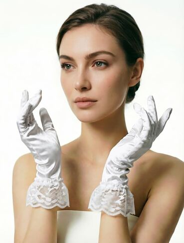 Women's Short Satin Wedding Gloves Lace Gloves with Ruffle for Tea Party Banquet 1920s Flapper Costume in Saudi Arabia