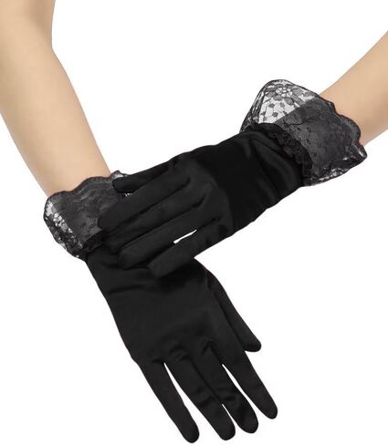 Women's Short Satin Wedding Gloves Lace Gloves with Ruffle for Tea Party Banquet 1920s Flapper Costume in Saudi Arabia
