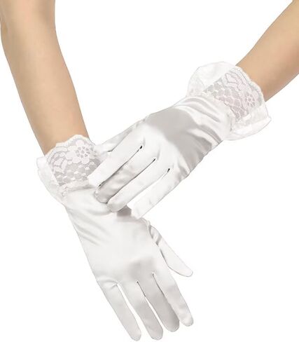 Women's Short Satin Wedding Gloves Lace Gloves with Ruffle for Tea Party Banquet 1920s Flapper Costume in Saudi Arabia