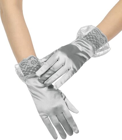Women's Short Satin Wedding Gloves Lace Gloves with Ruffle for Tea Party Banquet 1920s Flapper Costume in Saudi Arabia