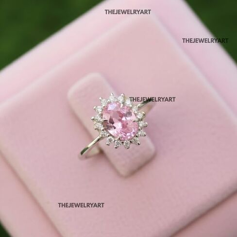 Princess Diana Style Halo Promise Ring 925 Sterling Silver Oval Pink Sapphire Ring Vintage-Inspired Handmade Jewelry Valentine Gift for Her in Saudi Arabia