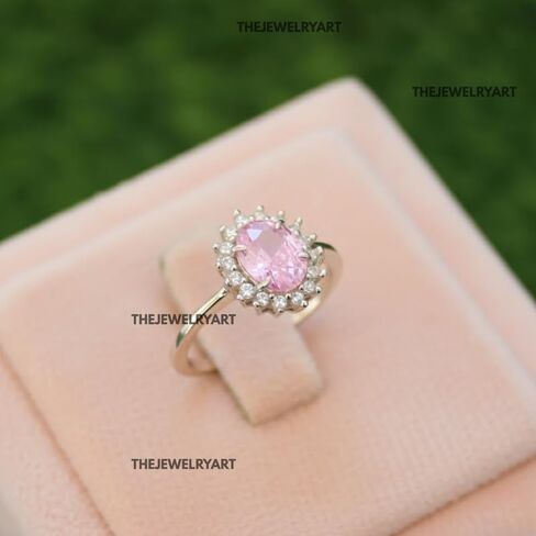 Princess Diana Style Halo Promise Ring 925 Sterling Silver Oval Pink Sapphire Ring Vintage-Inspired Handmade Jewelry Valentine Gift for Her in Saudi Arabia