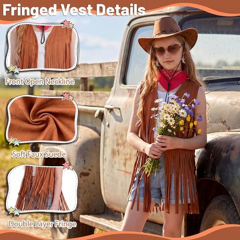 Cowgirl Outfits for Girls 6Pcs Western Rodeo Costume Set Fringe Vest Cowboy Hat Earrings for Halloween 5-14 Years in Kuwait