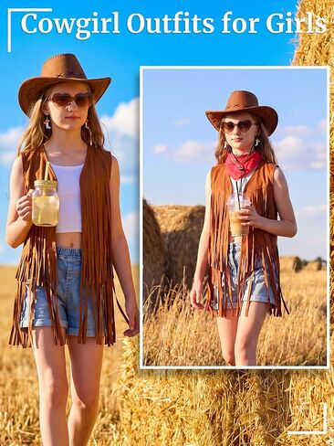 Cowgirl Outfits for Girls 6Pcs Western Rodeo Costume Set Fringe Vest Cowboy Hat Earrings for Halloween 5-14 Years in Kuwait