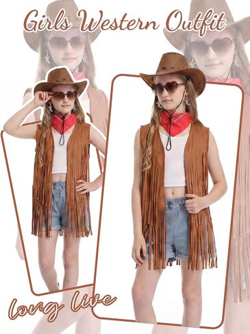 Cowgirl Outfits for Girls 6Pcs Western Rodeo Costume Set Fringe Vest Cowboy Hat Earrings for Halloween 5-14 Years in Kuwait