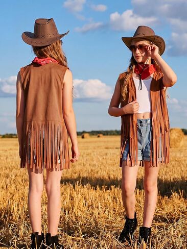Cowgirl Outfits for Girls 6Pcs Western Rodeo Costume Set Fringe Vest Cowboy Hat Earrings for Halloween 5-14 Years in Kuwait