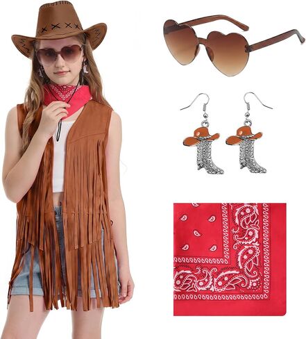 Cowgirl Outfits for Girls 6Pcs Western Rodeo Costume Set Fringe Vest Cowboy Hat Earrings for Halloween 5-14 Years in Kuwait