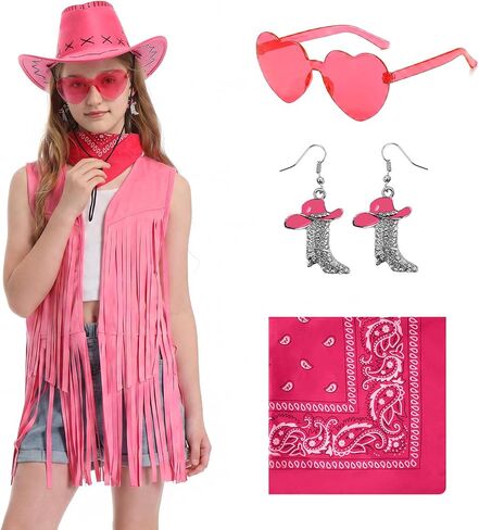 Cowgirl Outfits for Girls 6Pcs Western Rodeo Costume Set Fringe Vest Cowboy Hat Earrings for Halloween 5-14 Years in Kuwait