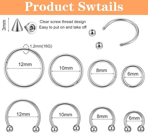 16G Septum Ring Horseshoe Nose Ring Surgical Steel Septum Jewelry Lip Rings Hoop Earring Eyebrow Tragus Lip Piercing Rings Snake Bite Piercing Jewelry Women Men 6mm 8mm 10mm 12mm in Kuwait