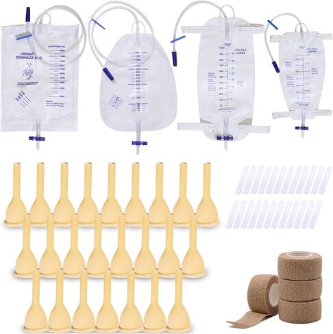 External Male catheters for Men, 24pcs Soft Latex Sets, 1 pcs 750 ml & 1000 ml Leg Bag, 1 pcs 1500 ml & 2000 ml Urine Bag with 4 Rolls of Tape - Urine Collection (35mm/1.37in) in Saudi Arabia