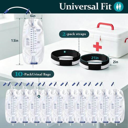 Catheter Leg Bag Kit, 10-Pack Urinary Drainage Bags 2 Reinforced Wide Leg Straps, 34oz Anti-Reflux Valve with 18" Tubing, Universal Fit for Men and Women, Leak-Proof Design for Daily in Kuwait