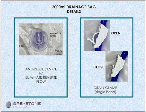 Greystone Urinary Drainage Bag 2000ml - Bedside Urine Collection Bag with Anti-Reflux Valve, 48" Drainage Tube, Hook and Clip, Urinary Catheter Bag for Night Use and Medical Urinary Supplies in Kuwait