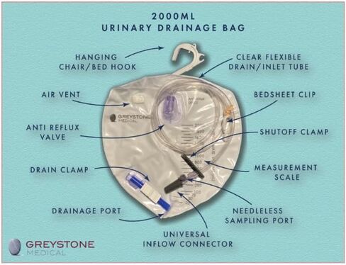 Greystone Urinary Drainage Bag 2000ml - Bedside Urine Collection Bag with Anti-Reflux Valve, 48" Drainage Tube, Hook and Clip, Urinary Catheter Bag for Night Use and Medical Urinary Supplies in Kuwait