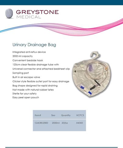 Greystone Urinary Drainage Bag 2000ml - Bedside Urine Collection Bag with Anti-Reflux Valve, 48" Drainage Tube, Hook and Clip, Urinary Catheter Bag for Night Use and Medical Urinary Supplies in Kuwait