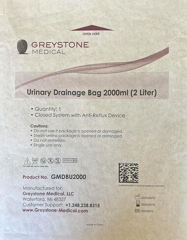Greystone Urinary Drainage Bag 2000ml - Bedside Urine Collection Bag with Anti-Reflux Valve, 48" Drainage Tube, Hook and Clip, Urinary Catheter Bag for Night Use and Medical Urinary Supplies in Kuwait