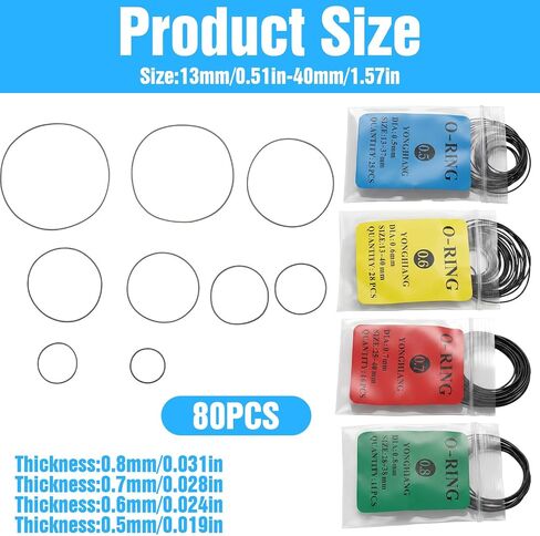 80pcs Watch Gaskets O Ring 0.5 0.6 0.7 0.8 Mm Wristwatch O-Ring Watches Gaskets Rubber Seal Assorted Watch Back Gasket Replacement O Rings for Repair Accessories Parts in Kuwait